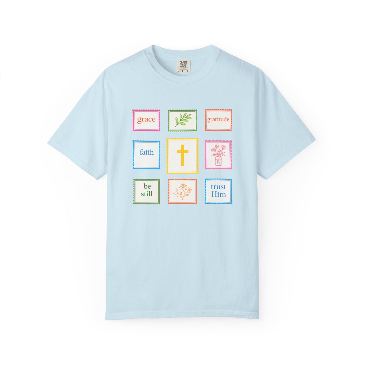 Grace & Gratitude Faith Graphic Tee | Christian Patchwork Shirt | Colorful Faith-Based T-Shirt | Be Still Trust Him Cross Tee