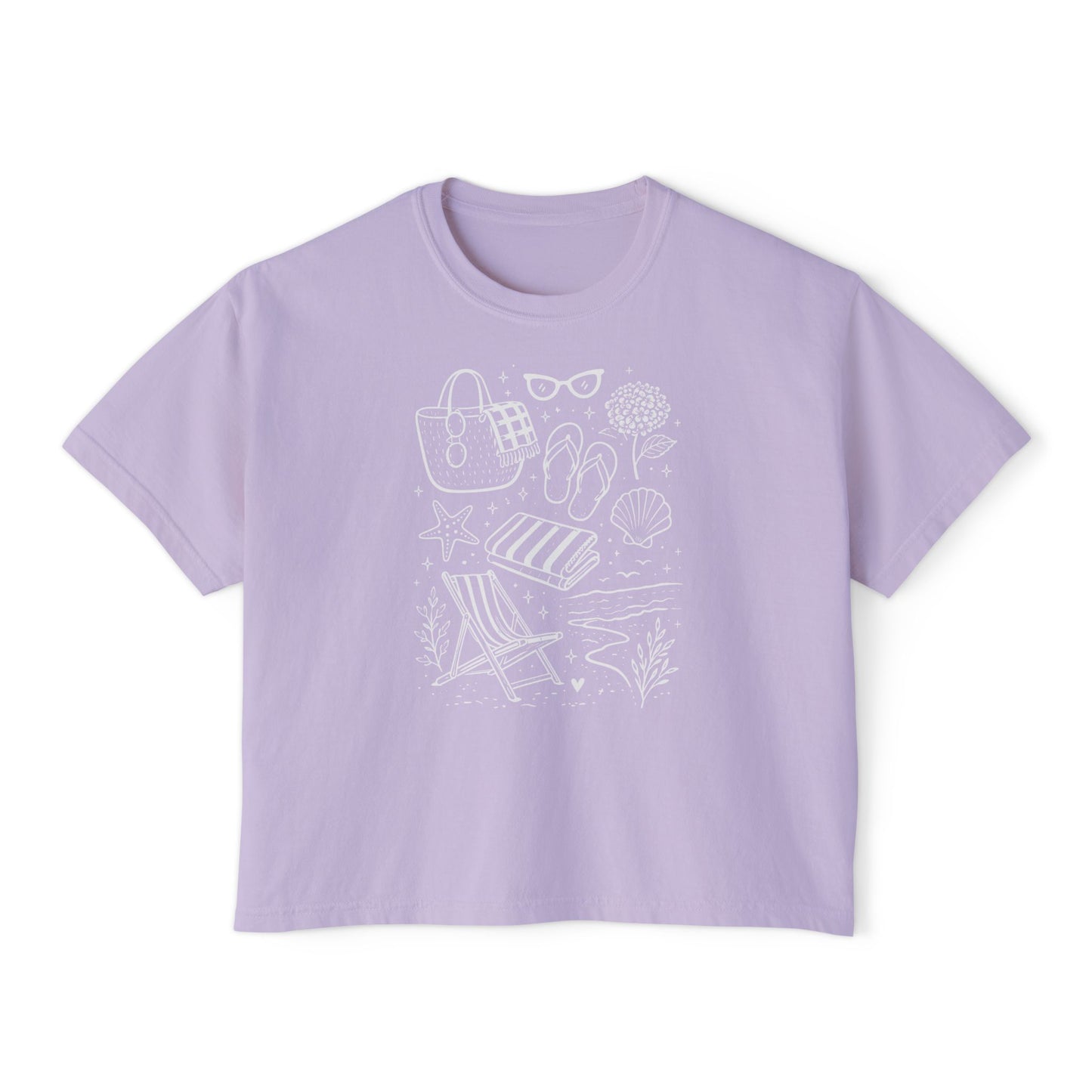 Coastal Summer Oversized Cropped Tee | Beach Aesthetic Graphic T-Shirt | Cute Vacation Shirt | Trendy Minimal Line Art Tee