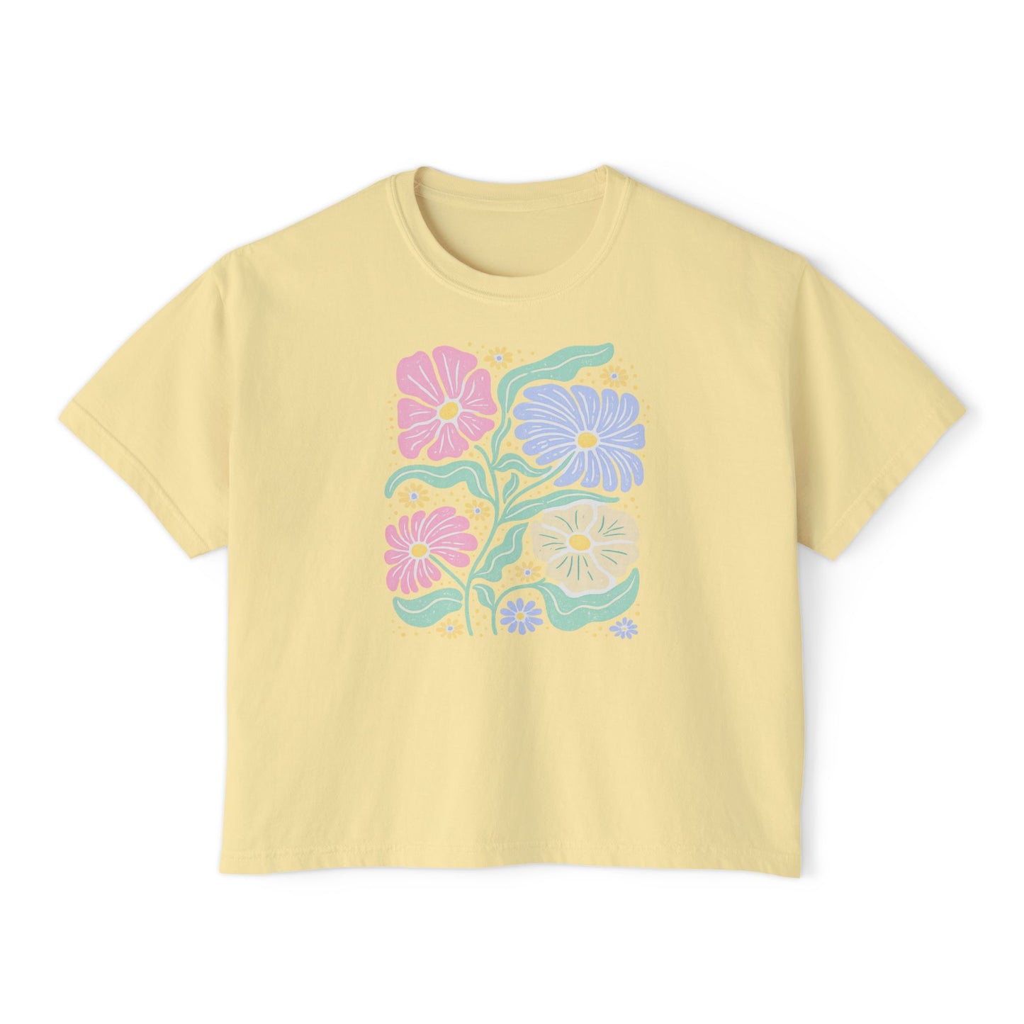 Retro Floral Cropped Tee β Pastel Yellow Vintage Flower Graphic Shirt, Cute Spring Aesthetic T-Shirt for Women