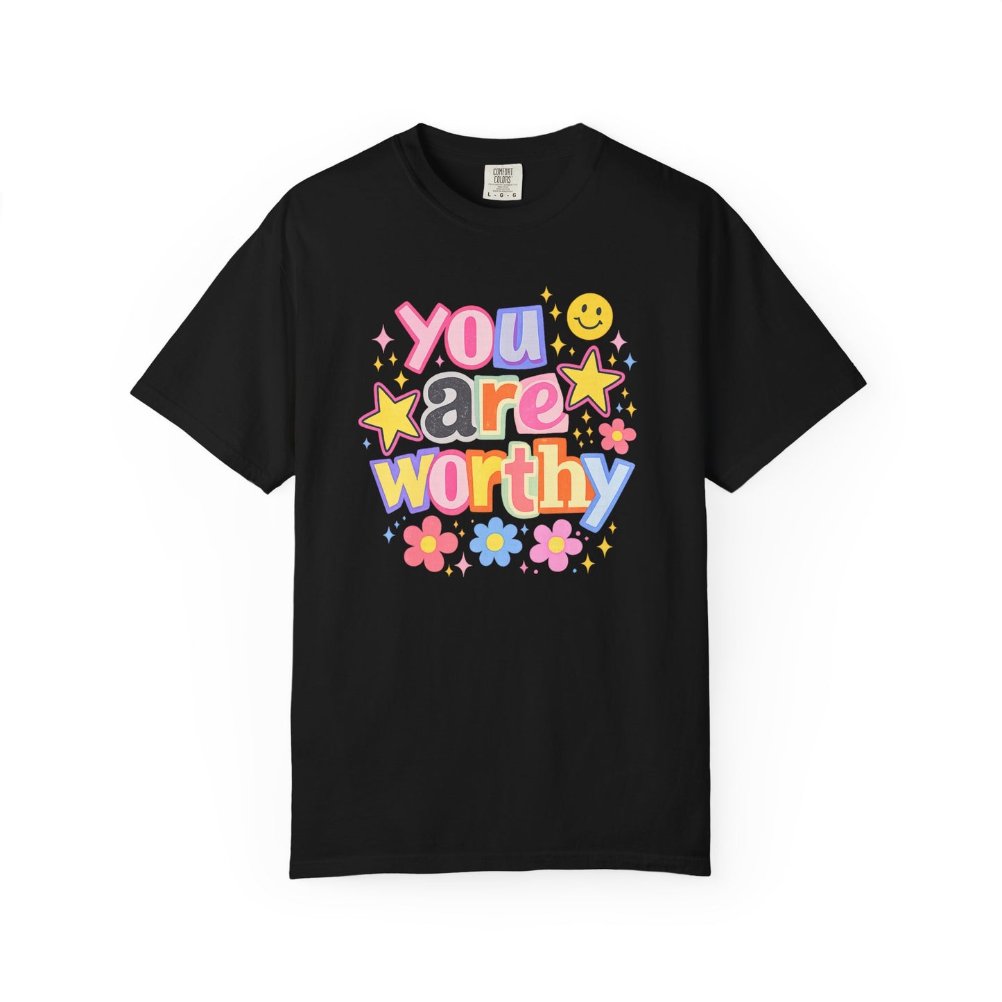 You Are Worthy Retro Graphic Tee – Colorful Affirmation Shirt, Trendy Smiley Face T-Shirt, Cute Positive Vibes Tee