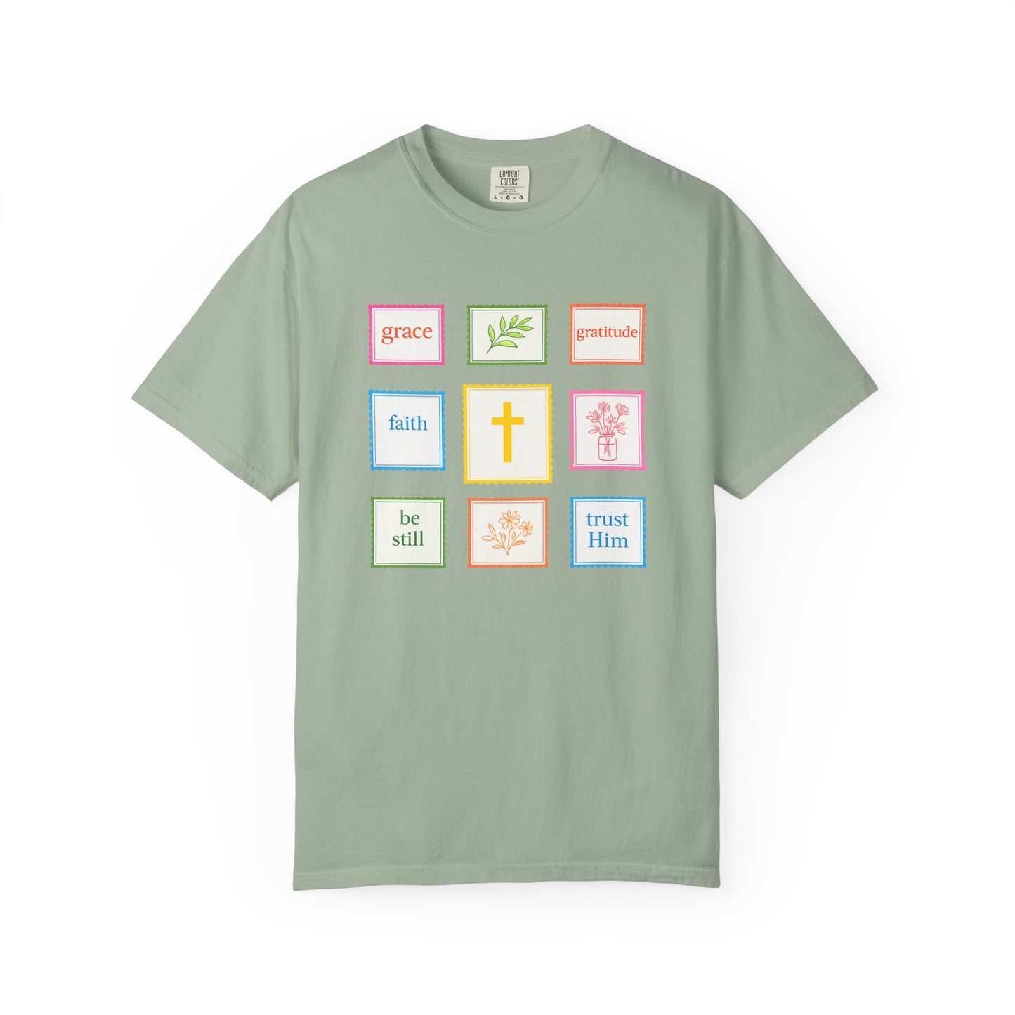 Grace & Gratitude Faith Graphic Tee | Christian Patchwork Shirt | Colorful Faith-Based T-Shirt | Be Still Trust Him Cross Tee
