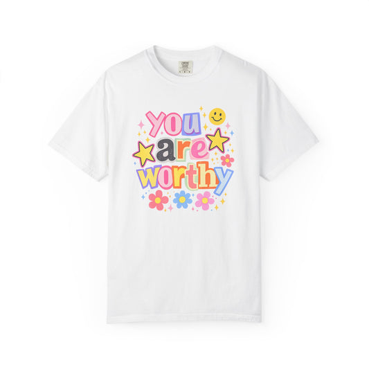 You Are Worthy Retro Graphic Tee – Colorful Affirmation Shirt, Trendy Smiley Face T-Shirt, Cute Positive Vibes Tee