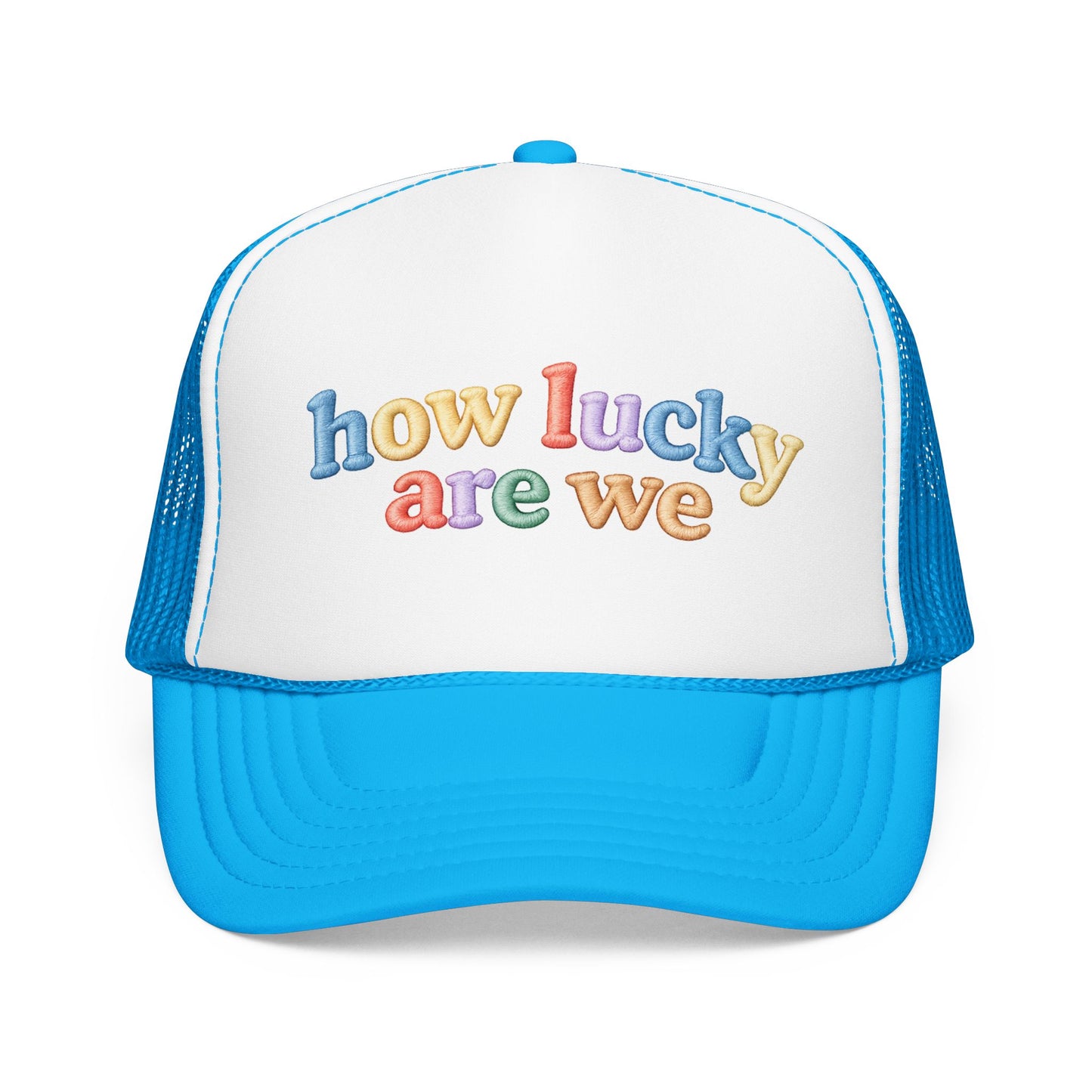How Lucky Are We Trucker Hat – Retro Colorful Hat | Trendy Boutique Baseball Cap