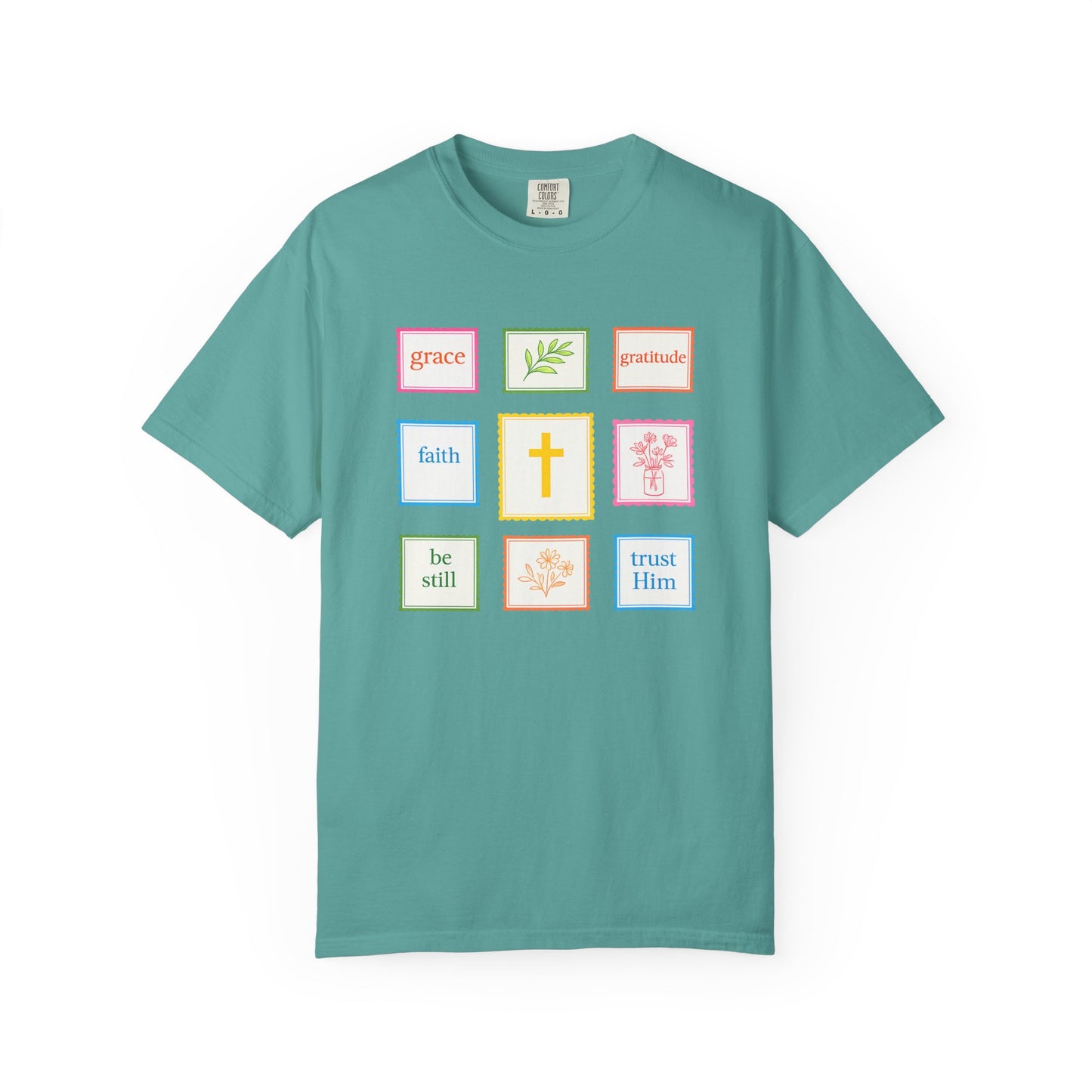 Grace & Gratitude Faith Graphic Tee | Christian Patchwork Shirt | Colorful Faith-Based T-Shirt | Be Still Trust Him Cross Tee