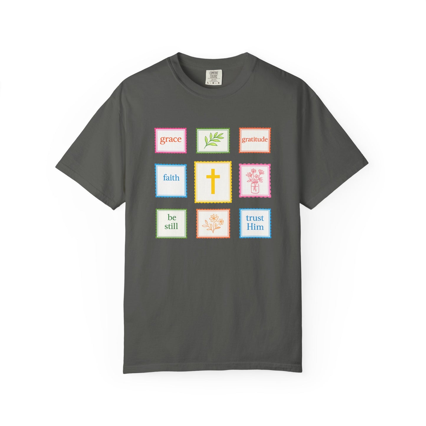 Grace & Gratitude Faith Graphic Tee | Christian Patchwork Shirt | Colorful Faith-Based T-Shirt | Be Still Trust Him Cross Tee