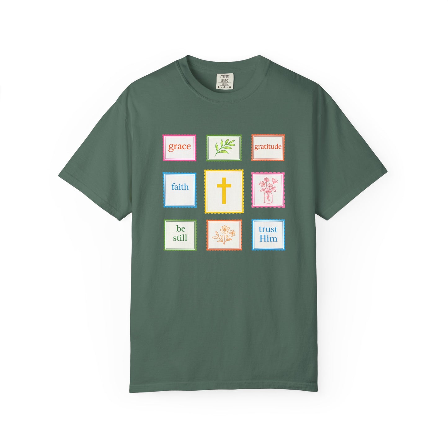 Grace & Gratitude Faith Graphic Tee | Christian Patchwork Shirt | Colorful Faith-Based T-Shirt | Be Still Trust Him Cross Tee