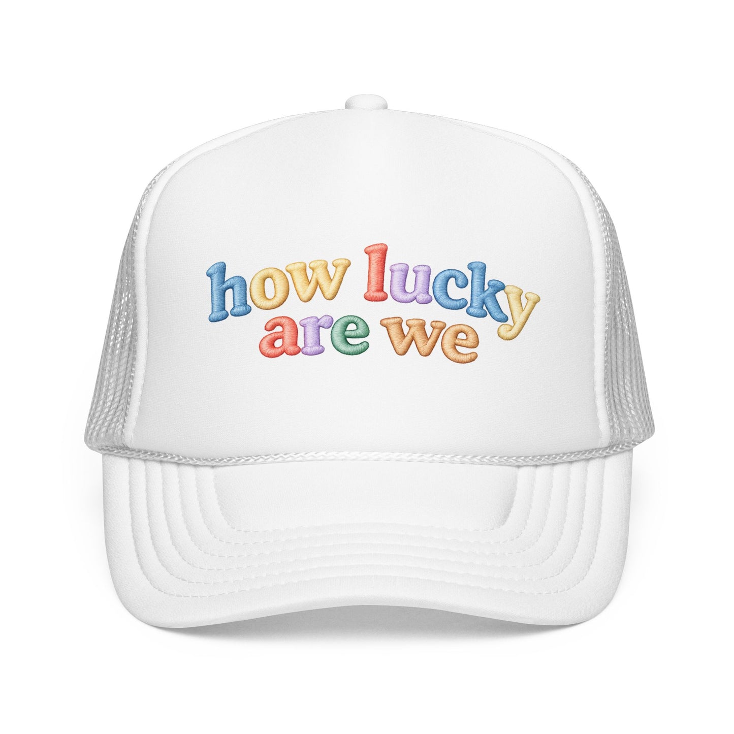 How Lucky Are We Trucker Hat – Retro Colorful Hat | Trendy Boutique Baseball Cap
