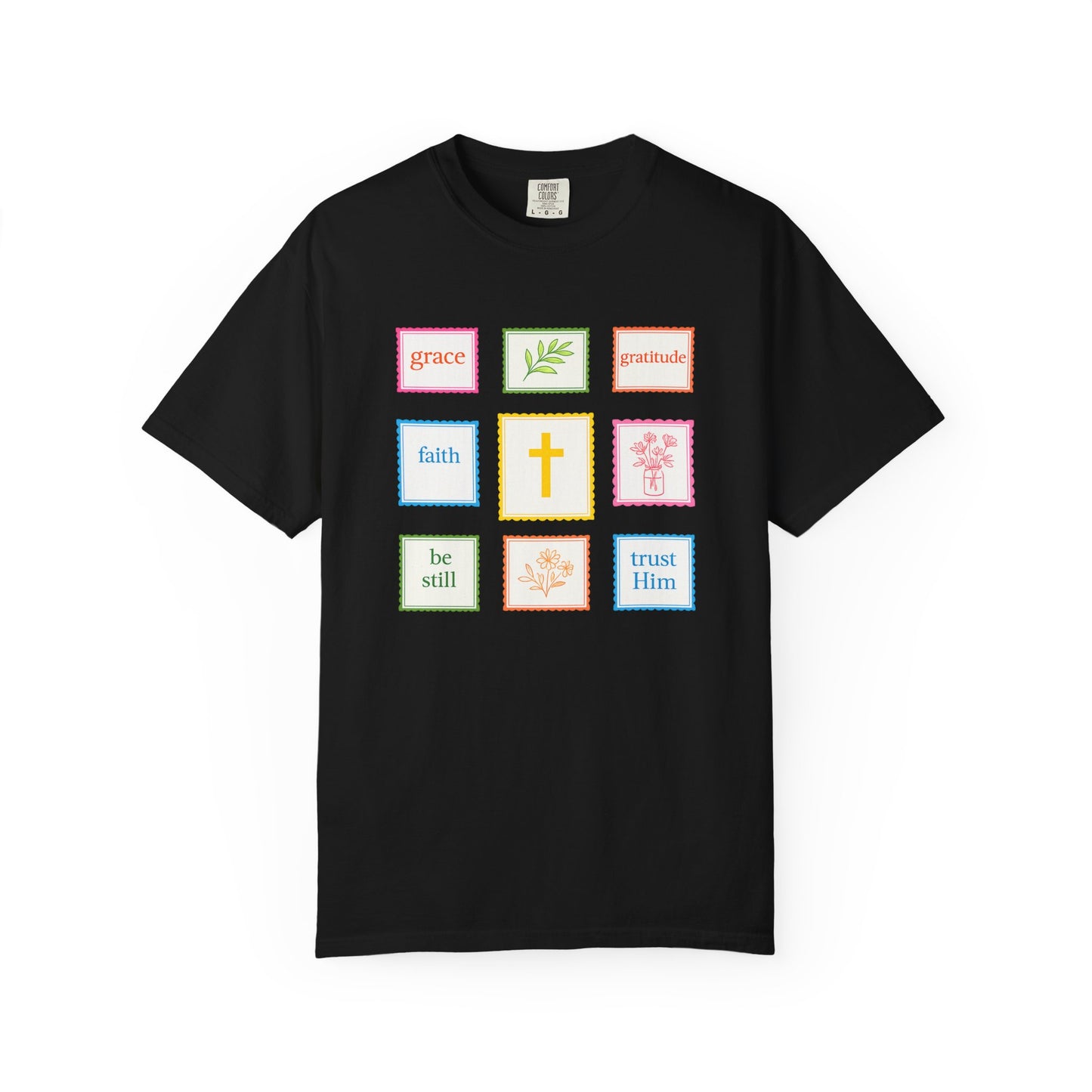 Grace & Gratitude Faith Graphic Tee | Christian Patchwork Shirt | Colorful Faith-Based T-Shirt | Be Still Trust Him Cross Tee