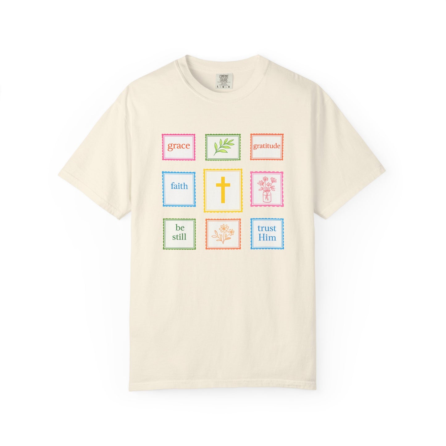 Grace & Gratitude Faith Graphic Tee | Christian Patchwork Shirt | Colorful Faith-Based T-Shirt | Be Still Trust Him Cross Tee