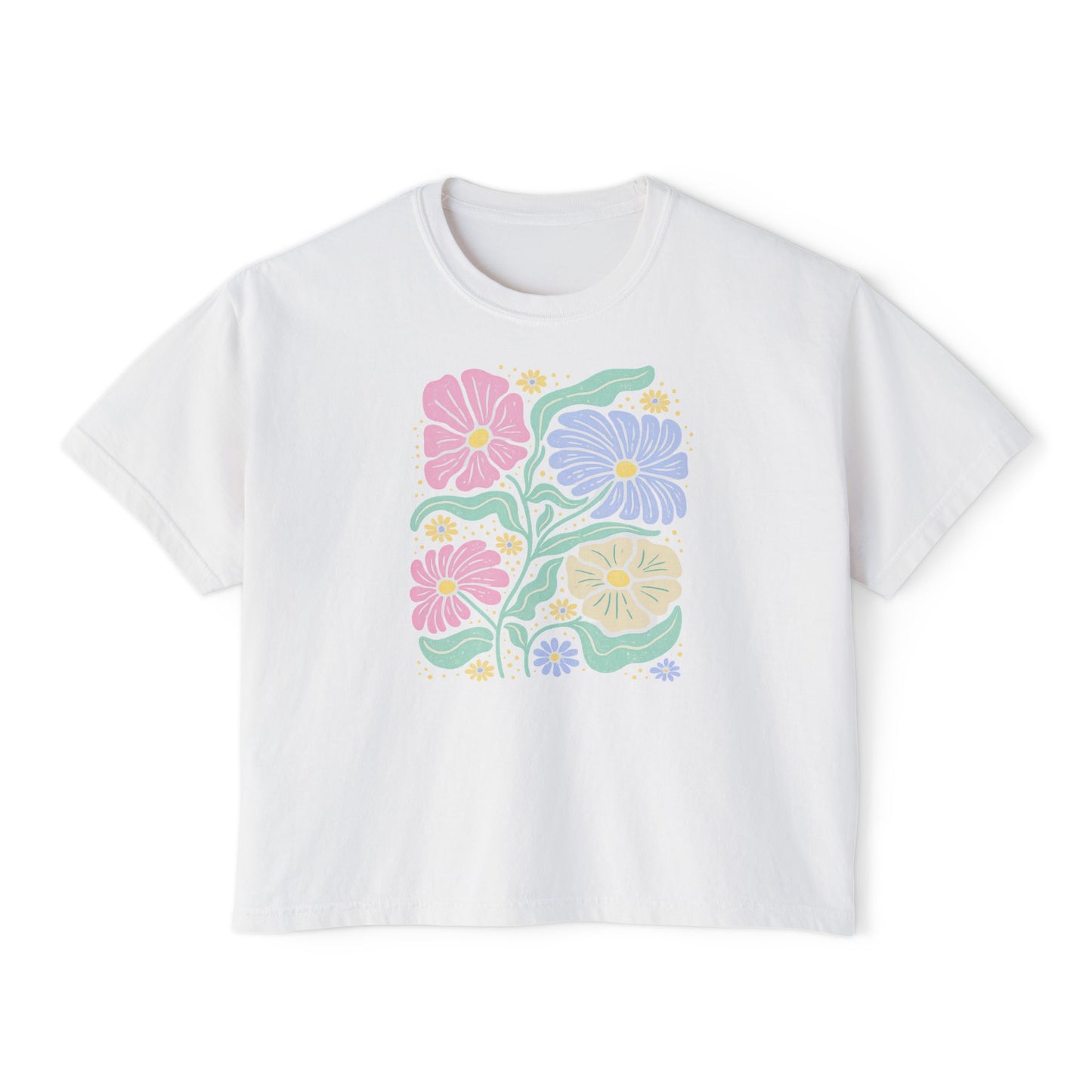 Retro Floral Cropped Tee – Pastel Yellow Vintage Flower Graphic Shirt, Cute Spring Aesthetic T-Shirt for Women