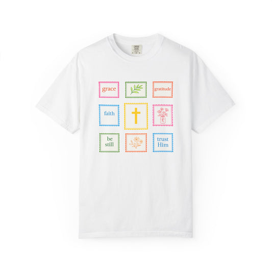 Grace & Gratitude Faith Graphic Tee | Christian Patchwork Shirt | Colorful Faith-Based T-Shirt | Be Still Trust Him Cross Tee