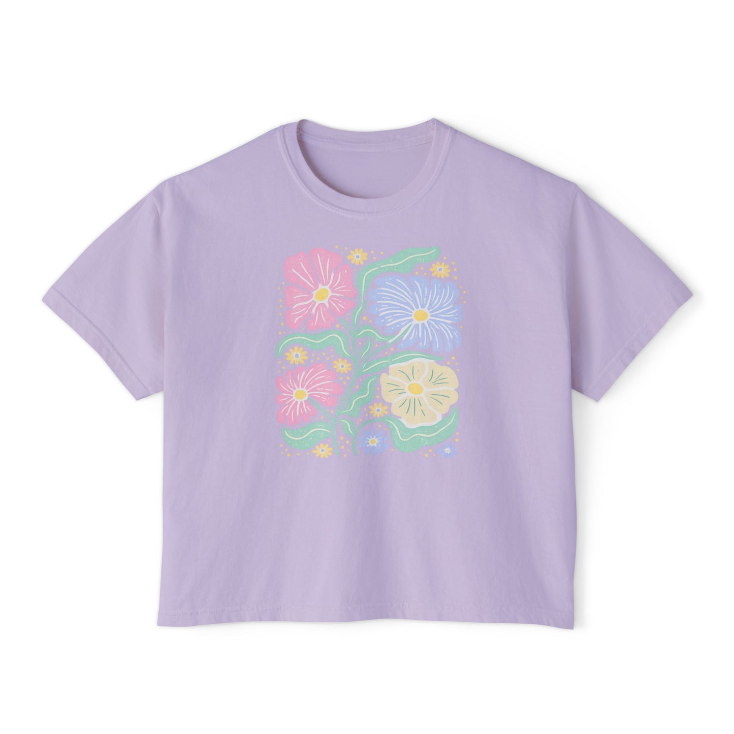 Retro Floral Cropped Tee – Pastel Yellow Vintage Flower Graphic Shirt, Cute Spring Aesthetic T-Shirt for Women