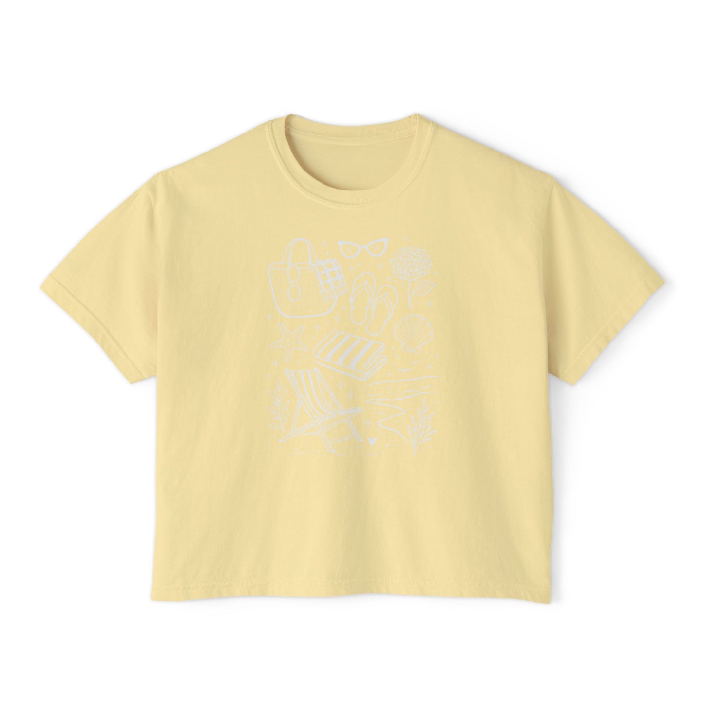Coastal Summer Oversized Cropped Tee | Beach Aesthetic Graphic T-Shirt | Cute Vacation Shirt | Trendy Minimal Line Art Tee