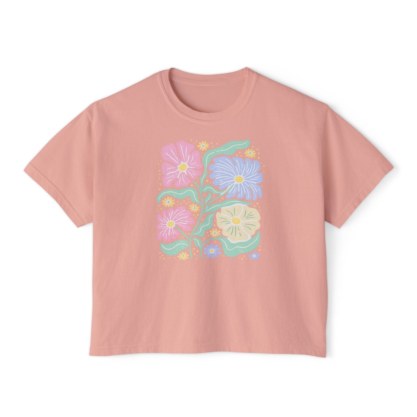 Retro Floral Cropped Tee – Pastel Yellow Vintage Flower Graphic Shirt, Cute Spring Aesthetic T-Shirt for Women