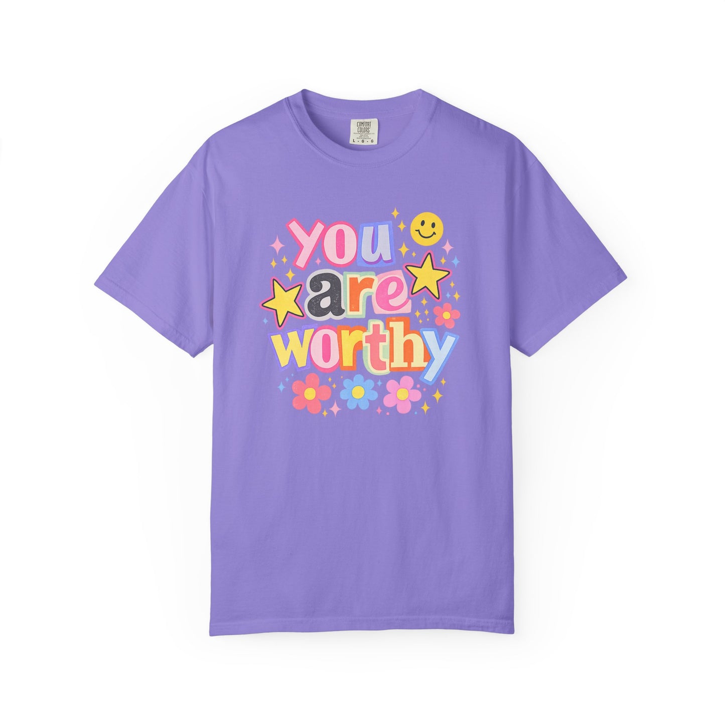 You Are Worthy Retro Graphic Tee – Colorful Affirmation Shirt, Trendy Smiley Face T-Shirt, Cute Positive Vibes Tee