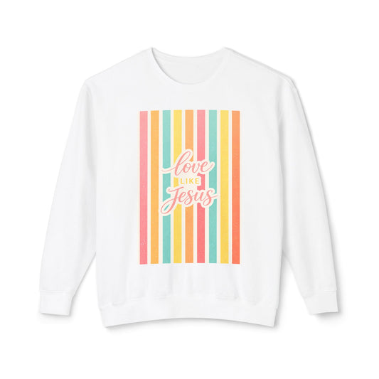 Love Like Jesus Retro Stripe Sweatshirt | Christian Graphic Crewneck | Pastel Spring Faith Apparel