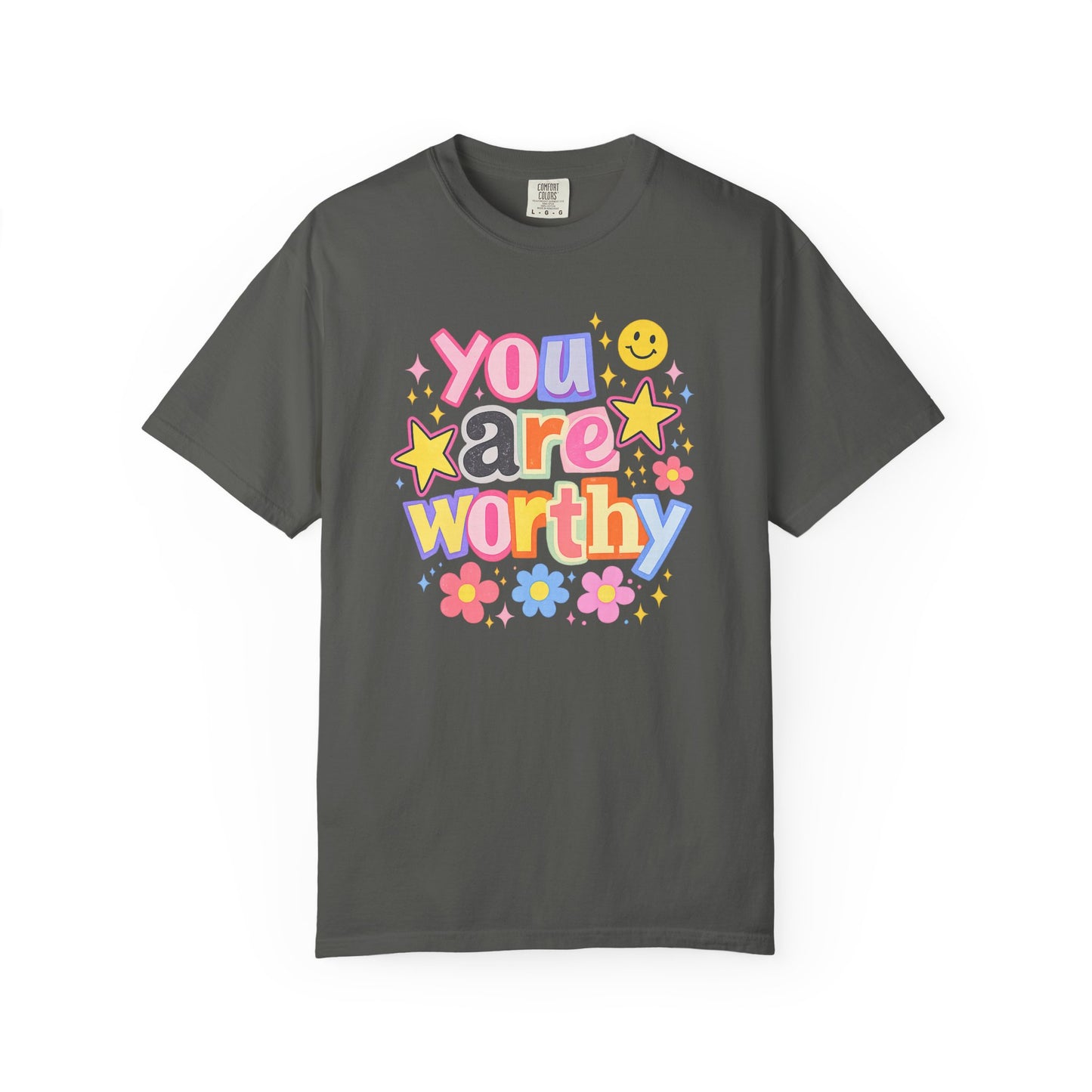You Are Worthy Retro Graphic Tee – Colorful Affirmation Shirt, Trendy Smiley Face T-Shirt, Cute Positive Vibes Tee