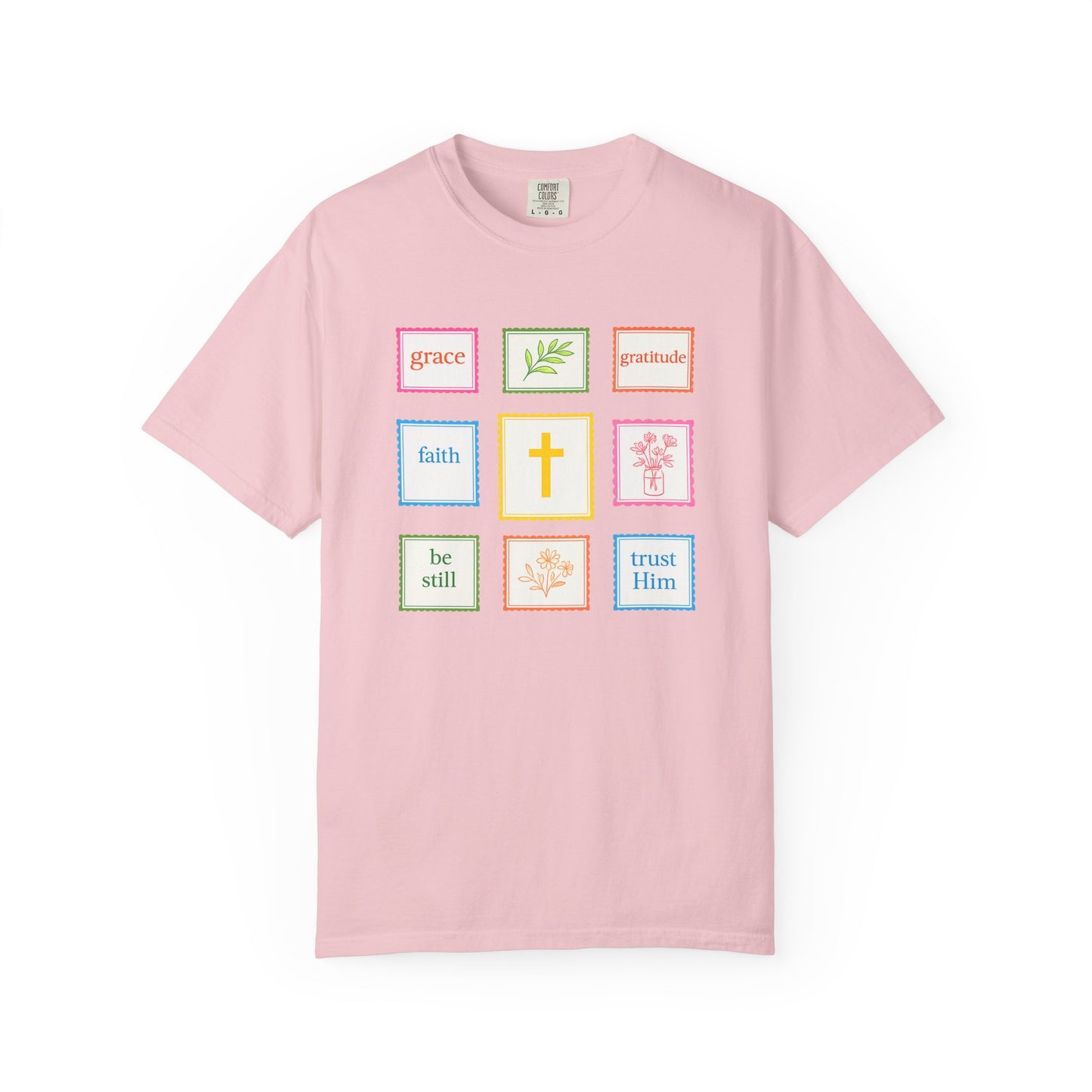 Grace & Gratitude Faith Graphic Tee | Christian Patchwork Shirt | Colorful Faith-Based T-Shirt | Be Still Trust Him Cross Tee