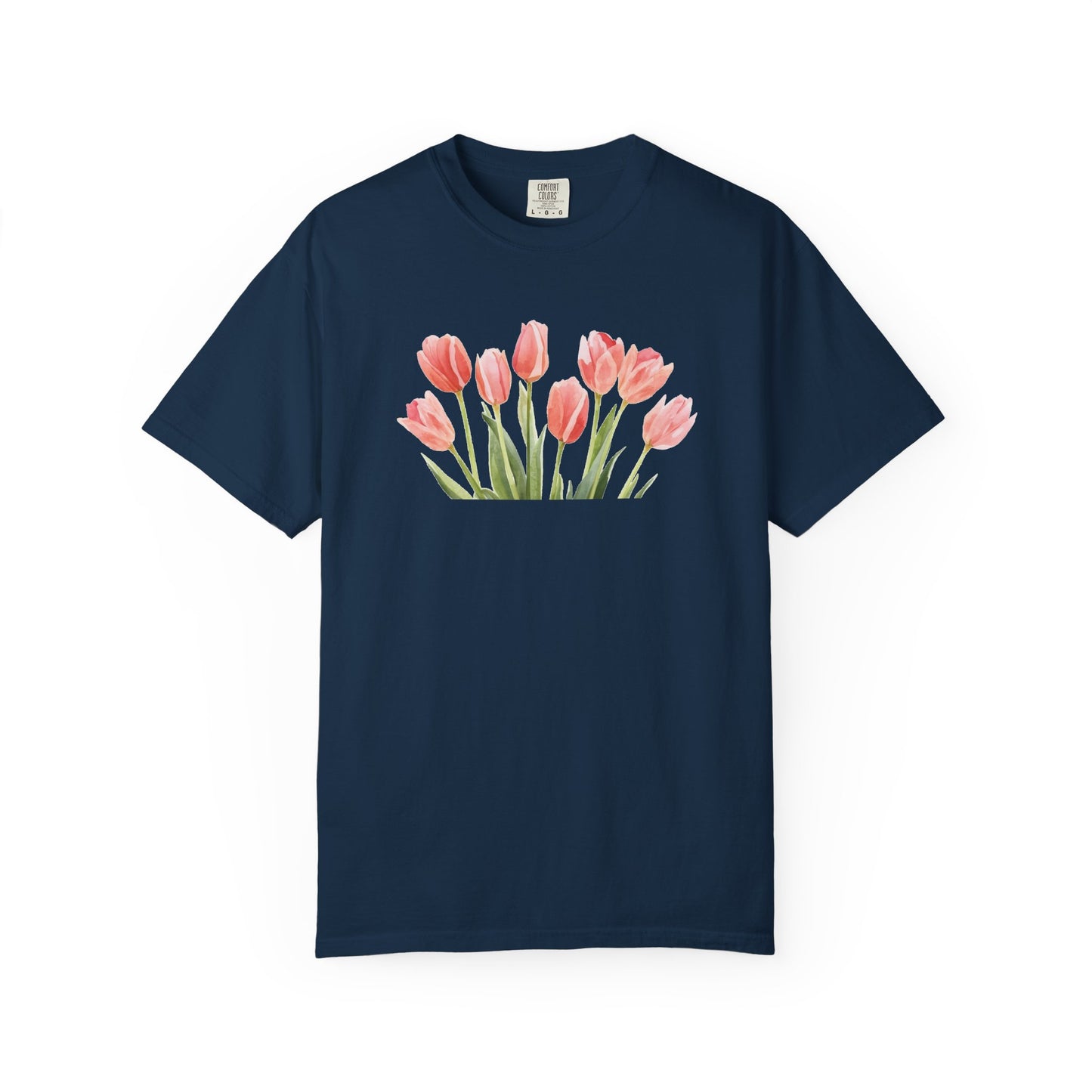 Watercolor Tulip Graphic Tee | Spring Floral Shirt | Cute Feminine Navy T-Shirt | Aesthetic Flower Top