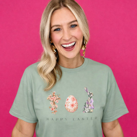 Floral Easter Bunny & Egg Shirt | Happy Easter Spring T-Shirt | Cute Pastel Easter Graphic Tee | Women's Spring Holiday Shirt