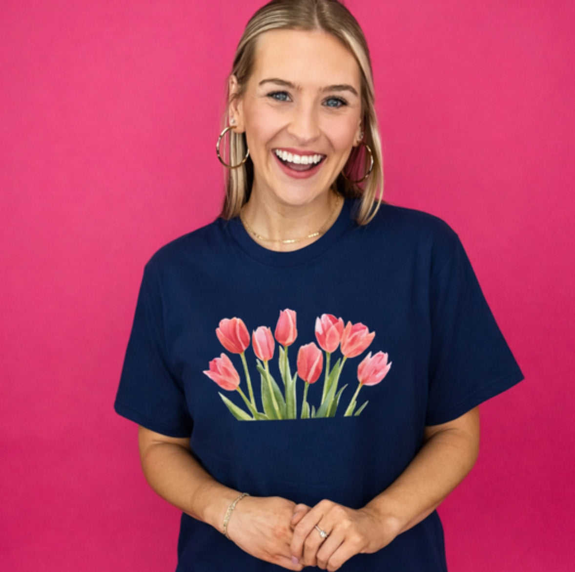 Watercolor Tulip Graphic Tee | Spring Floral Shirt | Cute Feminine Navy T-Shirt | Aesthetic Flower Top