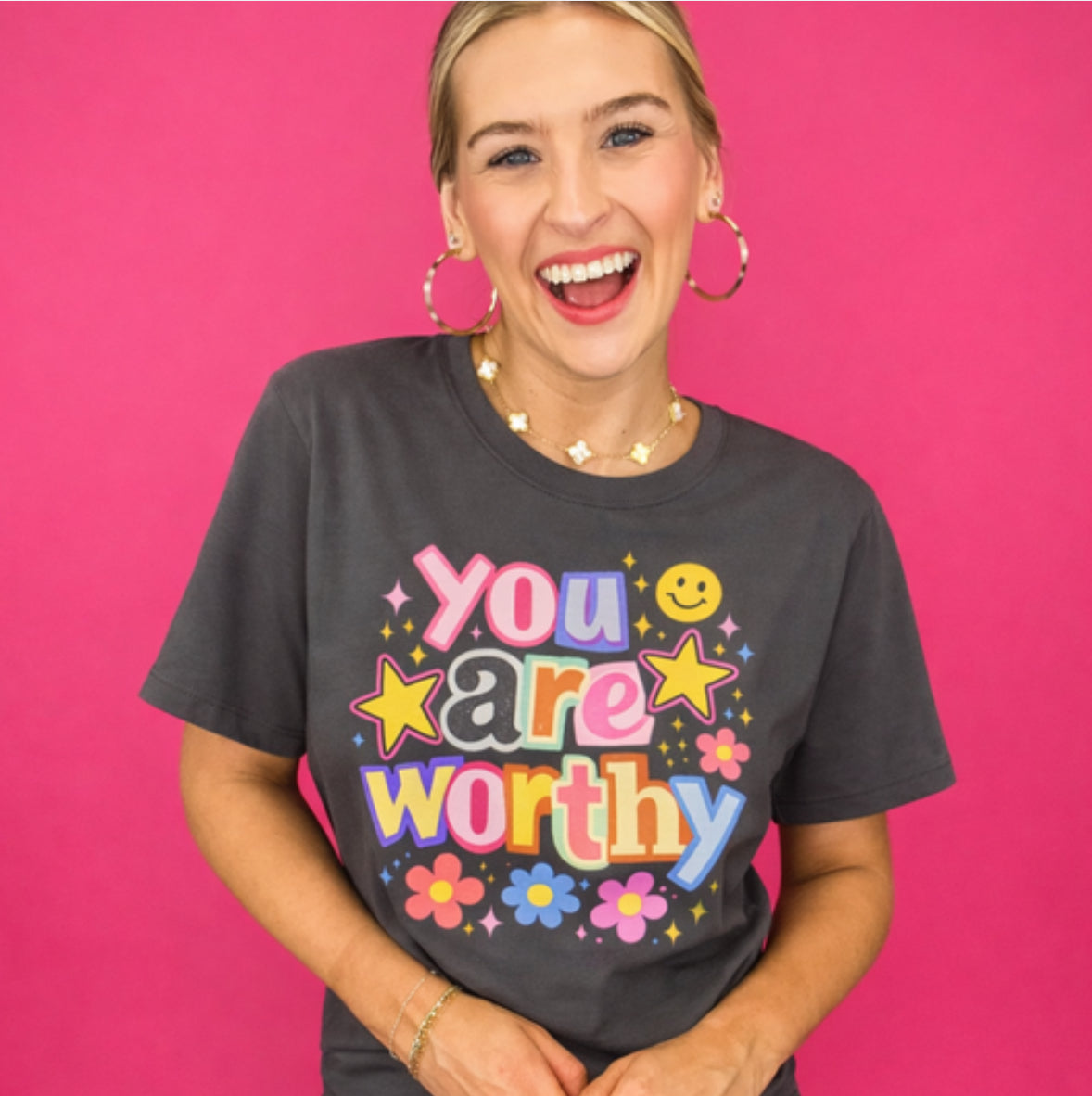 You Are Worthy Retro Graphic Tee – Colorful Affirmation Shirt, Trendy Smiley Face T-Shirt, Cute Positive Vibes Tee