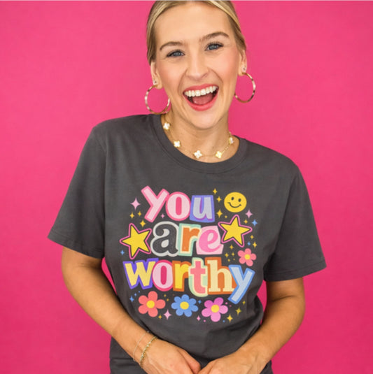 You Are Worthy Retro Graphic Tee – Colorful Affirmation Shirt, Trendy Smiley Face T-Shirt, Cute Positive Vibes Tee