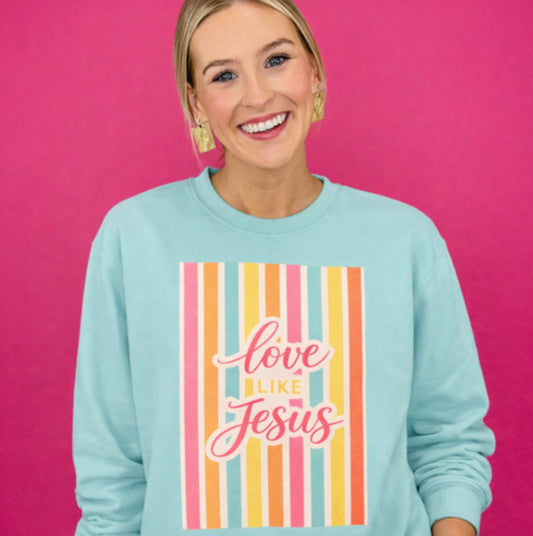 Love Like Jesus Retro Stripe Sweatshirt | Christian Graphic Crewneck | Pastel Spring Faith Apparel