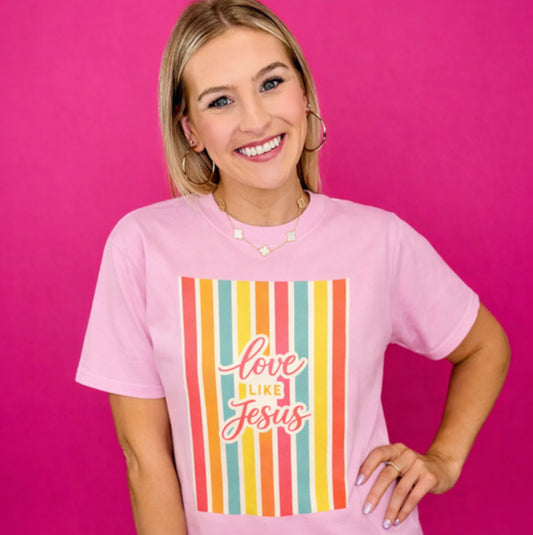 Love Like Jesus Retro Stripe T-Shirt | Christian Graphic Tee | Faith-Based Inspirational Shirt | Comfort Colors Style