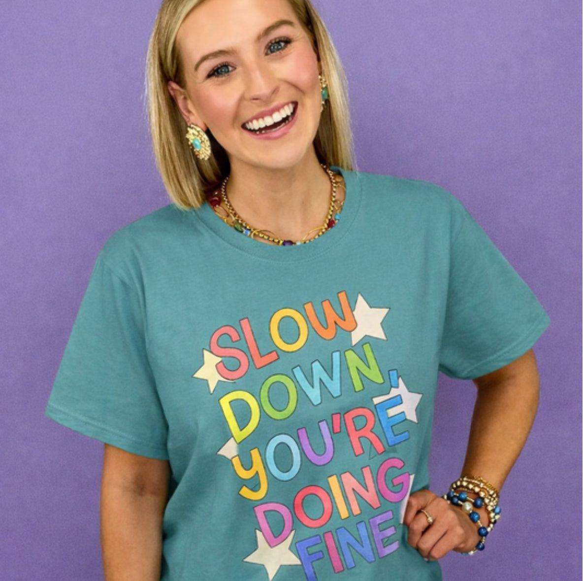 Slow Down You’re Doing Fine Retro Comfort Colors Tee | Motivational Graphic Shirt | Positive Affirmation T-Shirt | Trendy Colorful Quote Tee
