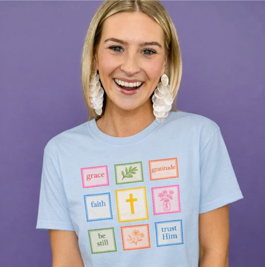 Grace & Gratitude Faith Graphic Tee | Christian Patchwork Shirt | Colorful Faith-Based T-Shirt | Be Still Trust Him Cross Tee