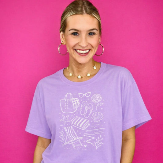 Coastal Summer Oversized Cropped Tee | Beach Aesthetic Graphic T-Shirt | Cute Vacation Shirt | Trendy Minimal Line Art Tee