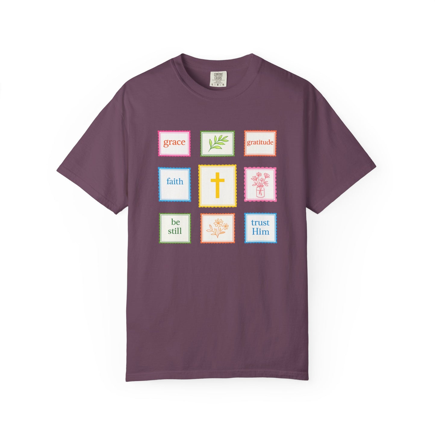 Grace & Gratitude Faith Graphic Tee | Christian Patchwork Shirt | Colorful Faith-Based T-Shirt | Be Still Trust Him Cross Tee