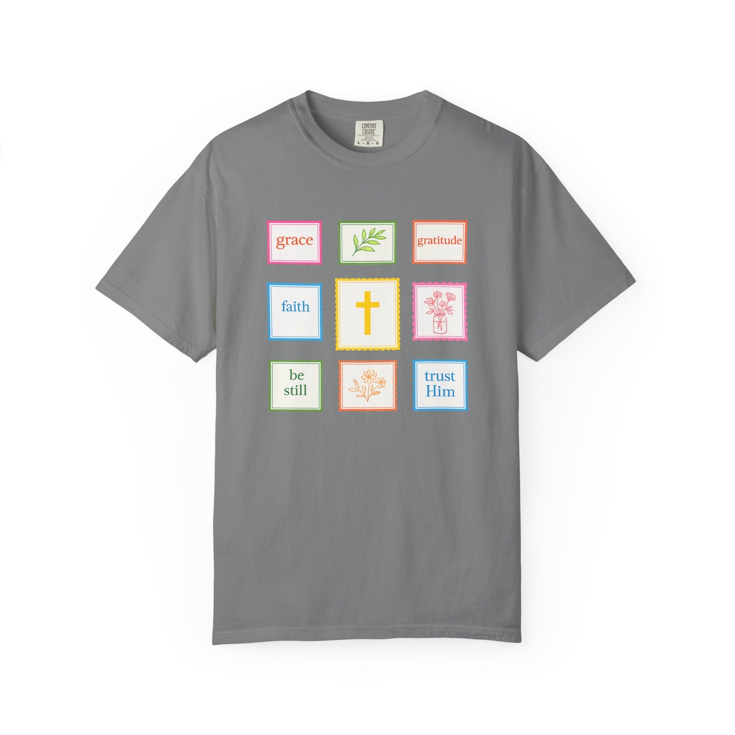 Grace & Gratitude Faith Graphic Tee | Christian Patchwork Shirt | Colorful Faith-Based T-Shirt | Be Still Trust Him Cross Tee
