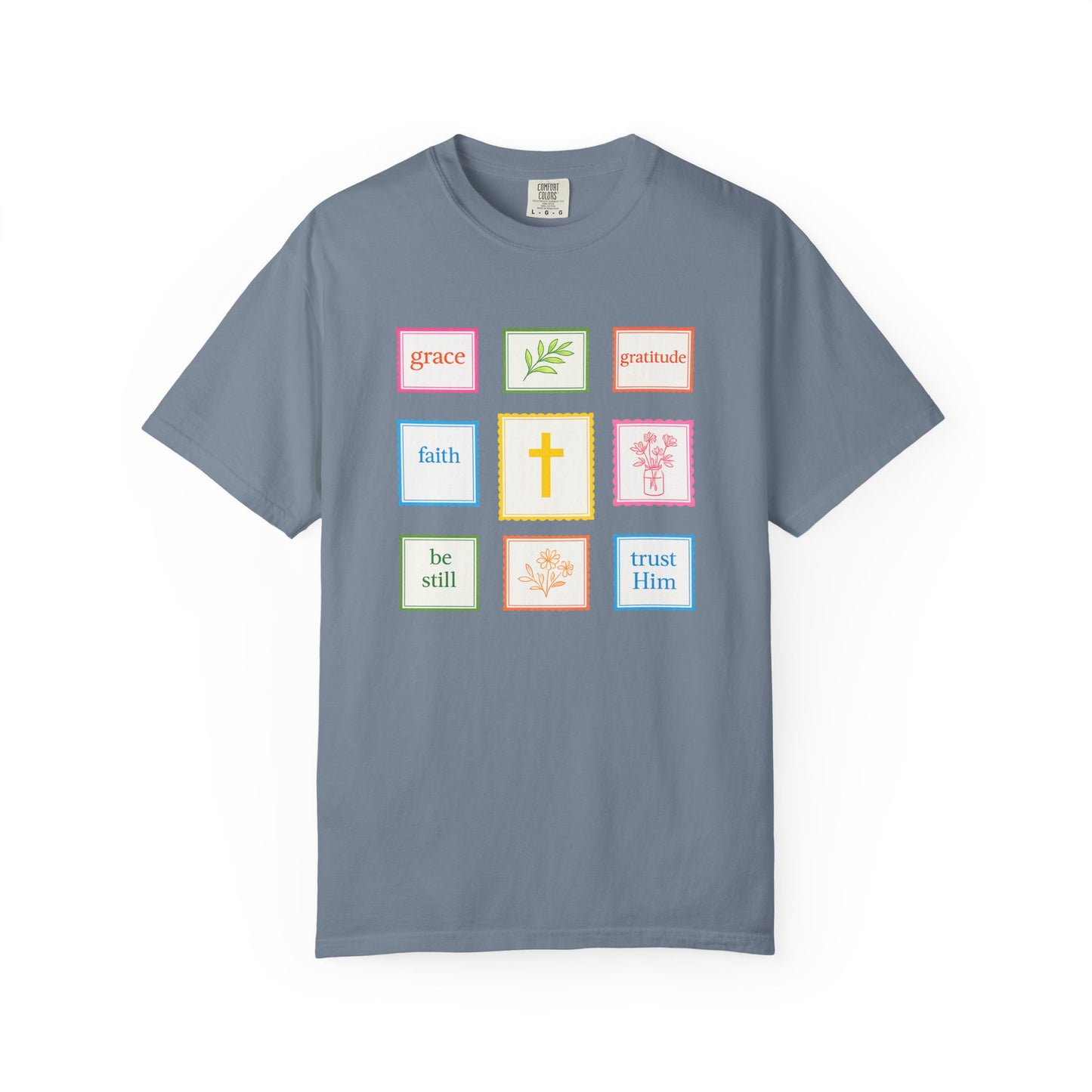 Grace & Gratitude Faith Graphic Tee | Christian Patchwork Shirt | Colorful Faith-Based T-Shirt | Be Still Trust Him Cross Tee