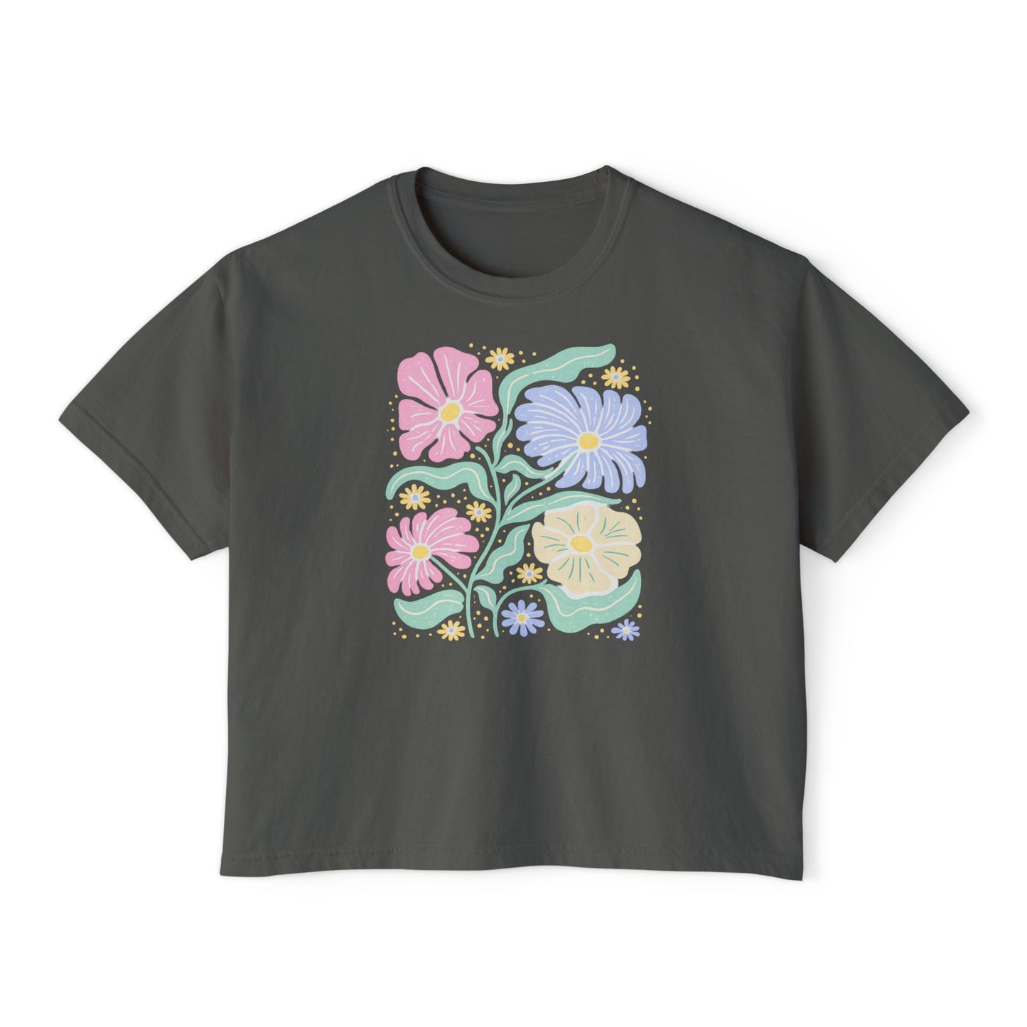 Retro Floral Cropped Tee – Pastel Yellow Vintage Flower Graphic Shirt, Cute Spring Aesthetic T-Shirt for Women