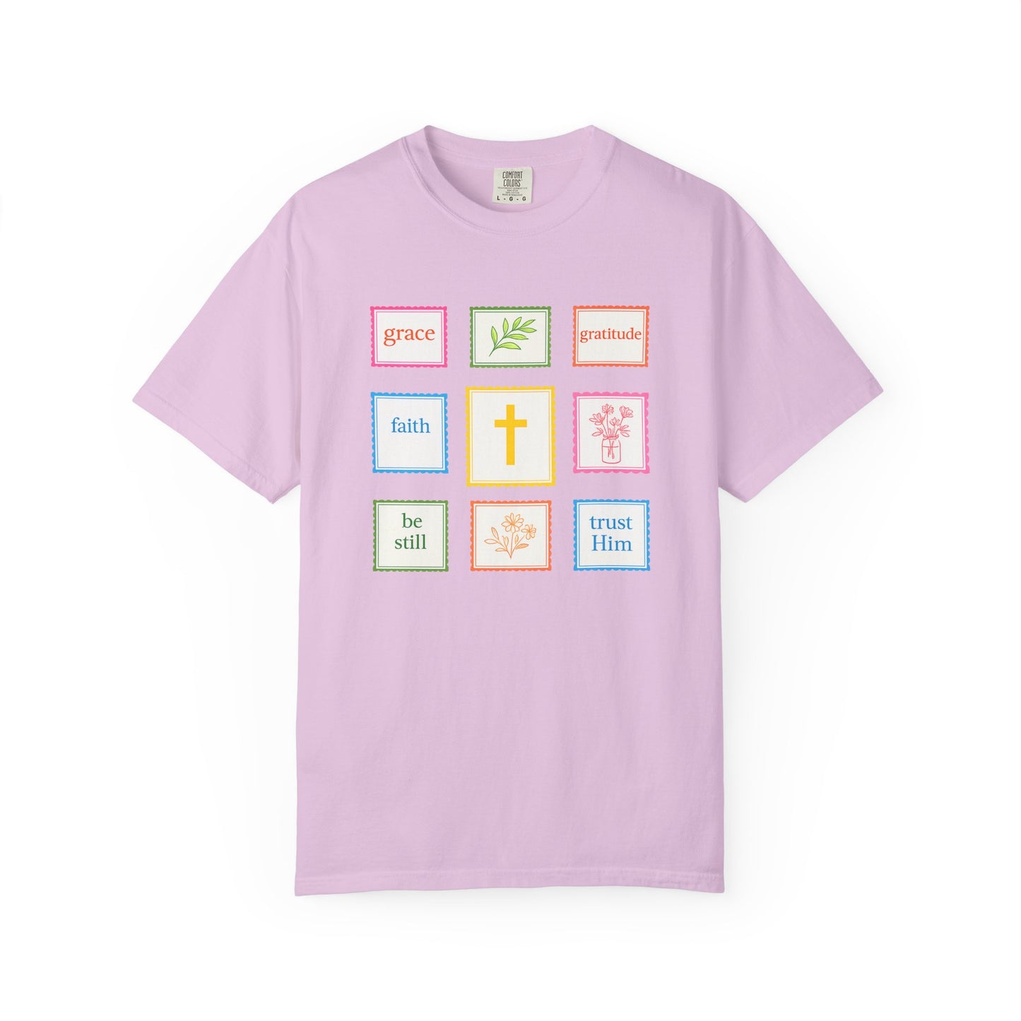Grace & Gratitude Faith Graphic Tee | Christian Patchwork Shirt | Colorful Faith-Based T-Shirt | Be Still Trust Him Cross Tee