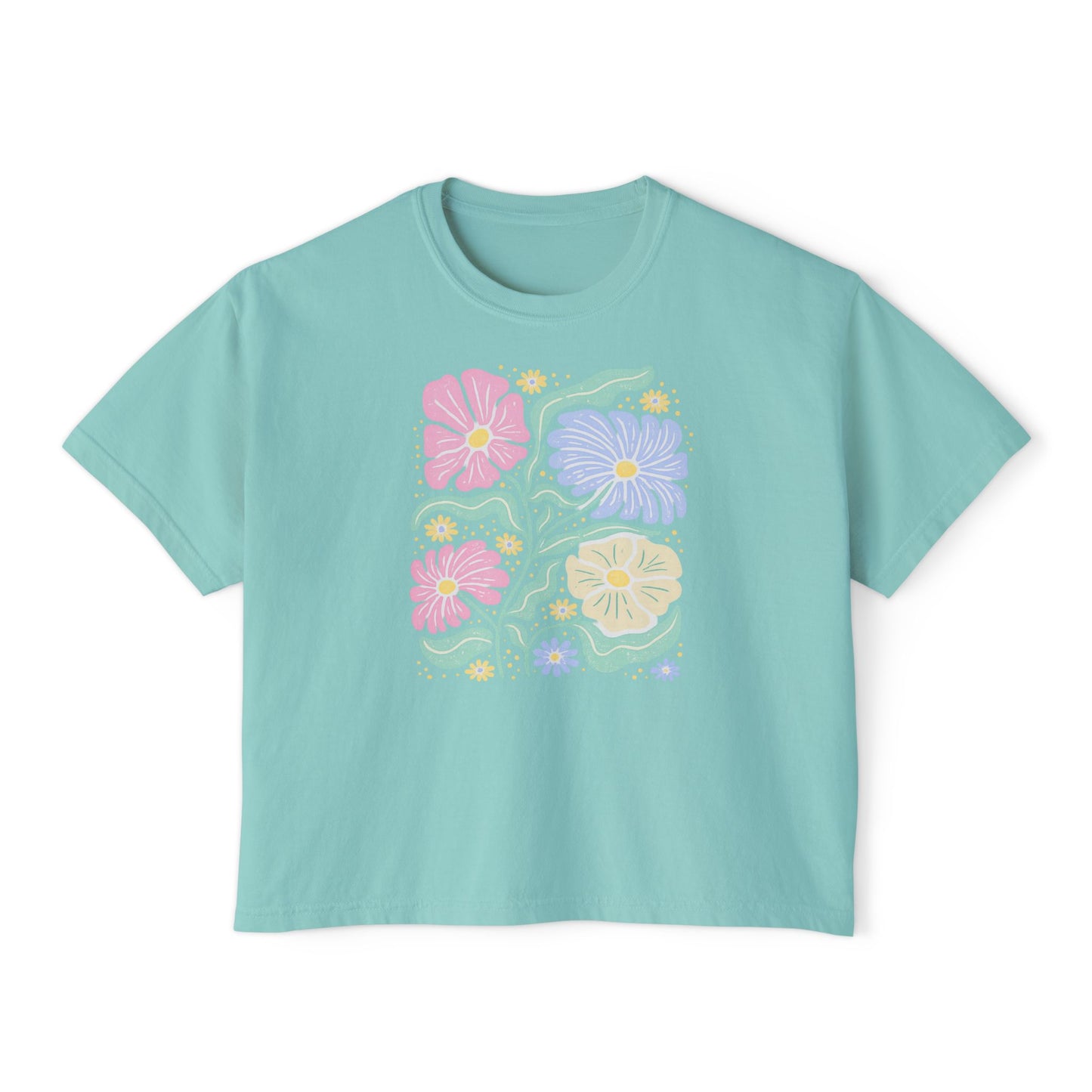 Retro Floral Cropped Tee – Pastel Yellow Vintage Flower Graphic Shirt, Cute Spring Aesthetic T-Shirt for Women