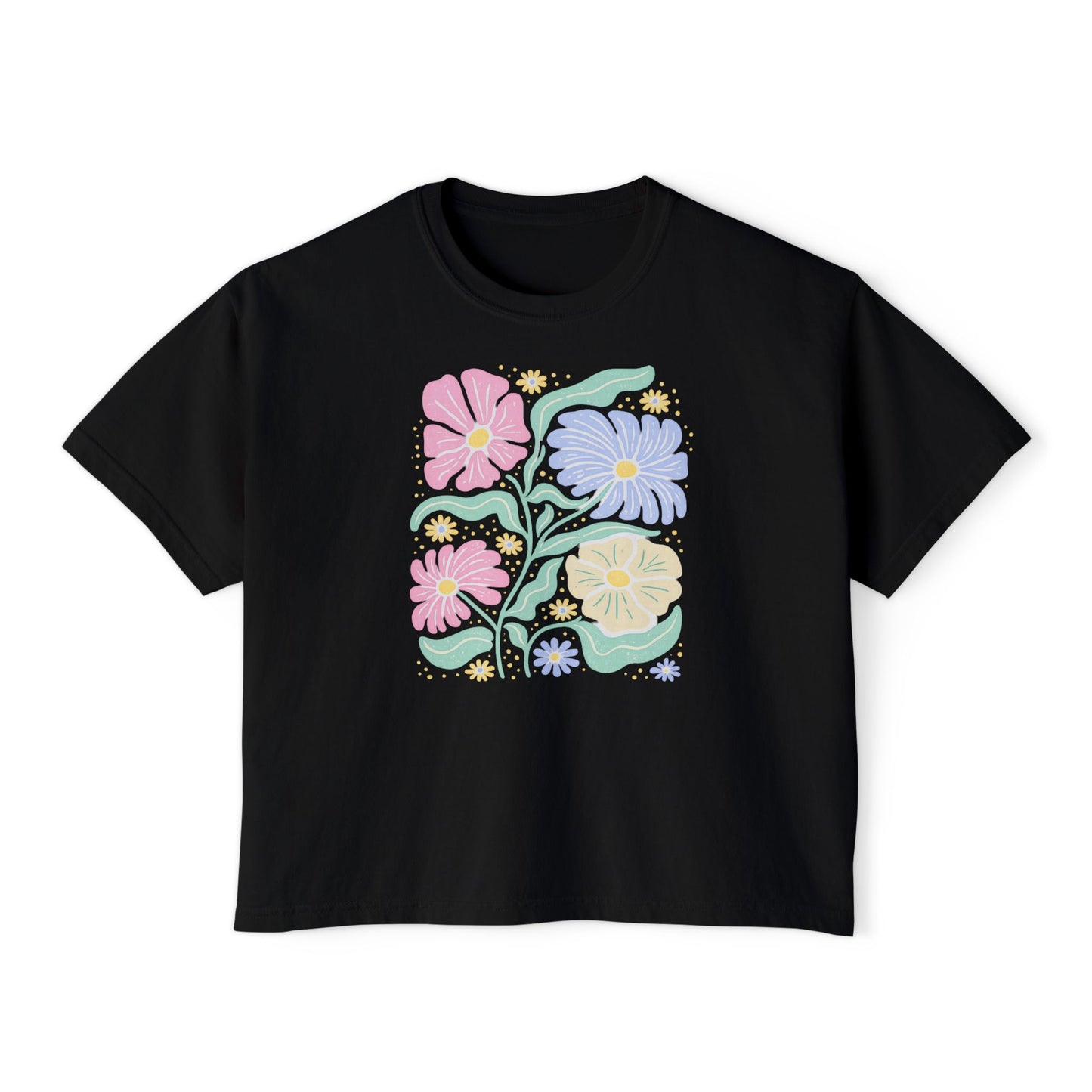 Retro Floral Cropped Tee – Pastel Yellow Vintage Flower Graphic Shirt, Cute Spring Aesthetic T-Shirt for Women