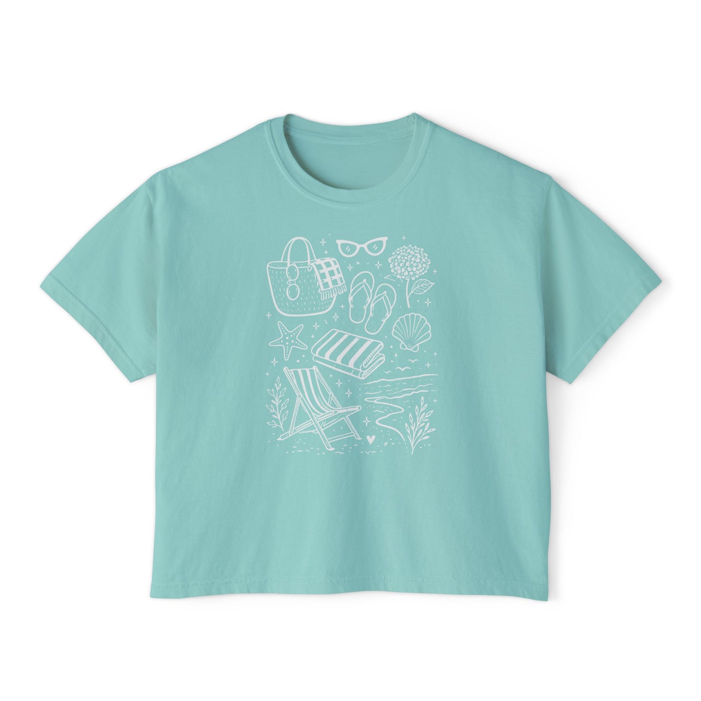 Coastal Summer Oversized Cropped Tee | Beach Aesthetic Graphic T-Shirt | Cute Vacation Shirt | Trendy Minimal Line Art Tee