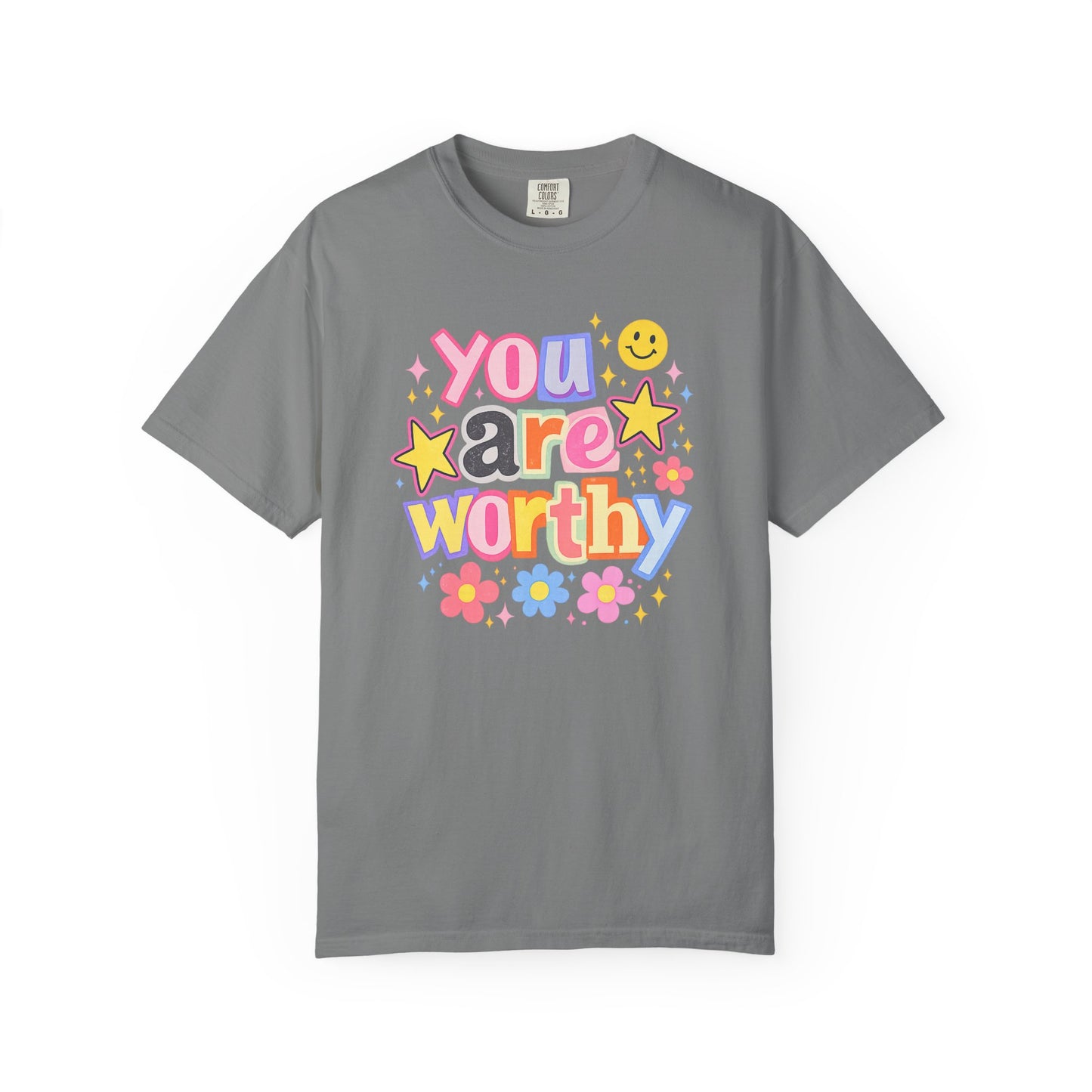 You Are Worthy Retro Graphic Tee – Colorful Affirmation Shirt, Trendy Smiley Face T-Shirt, Cute Positive Vibes Tee