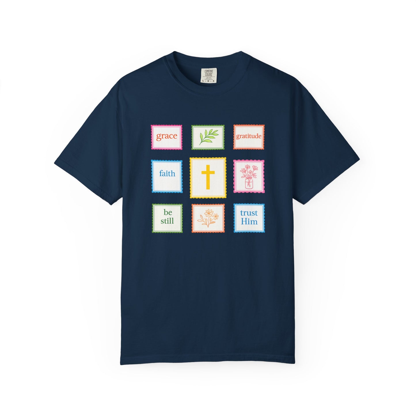 Grace & Gratitude Faith Graphic Tee | Christian Patchwork Shirt | Colorful Faith-Based T-Shirt | Be Still Trust Him Cross Tee