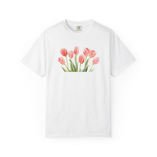 Watercolor Tulip Graphic Tee | Spring Floral Shirt | Cute Feminine Navy T-Shirt | Aesthetic Flower Top