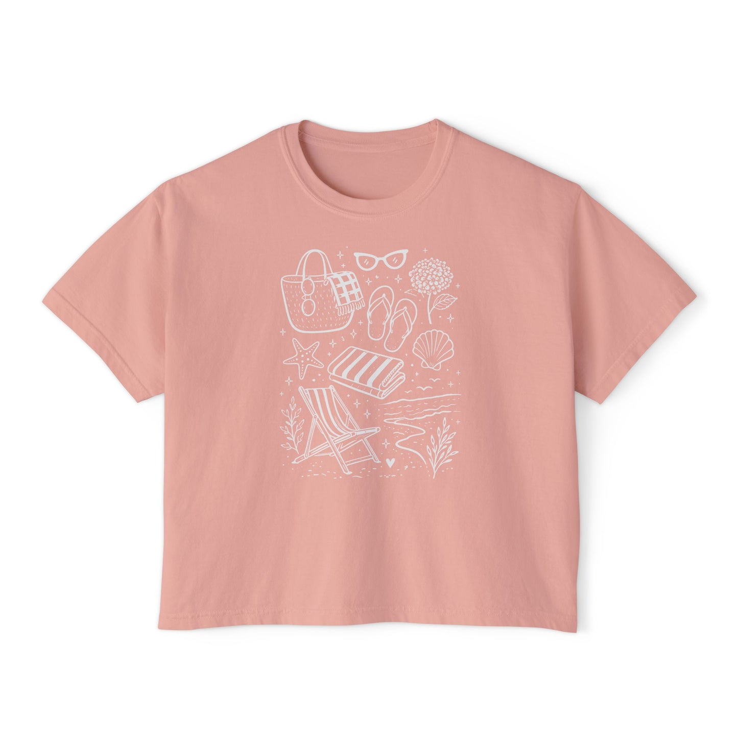 Coastal Summer Oversized Cropped Tee | Beach Aesthetic Graphic T-Shirt | Cute Vacation Shirt | Trendy Minimal Line Art Tee