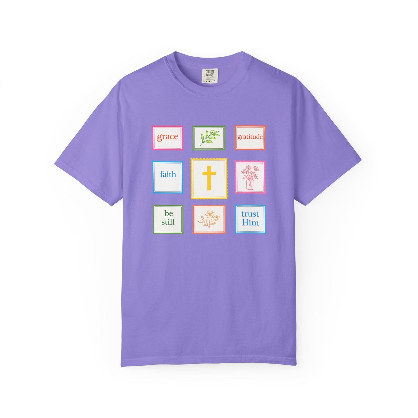 Grace & Gratitude Faith Graphic Tee | Christian Patchwork Shirt | Colorful Faith-Based T-Shirt | Be Still Trust Him Cross Tee
